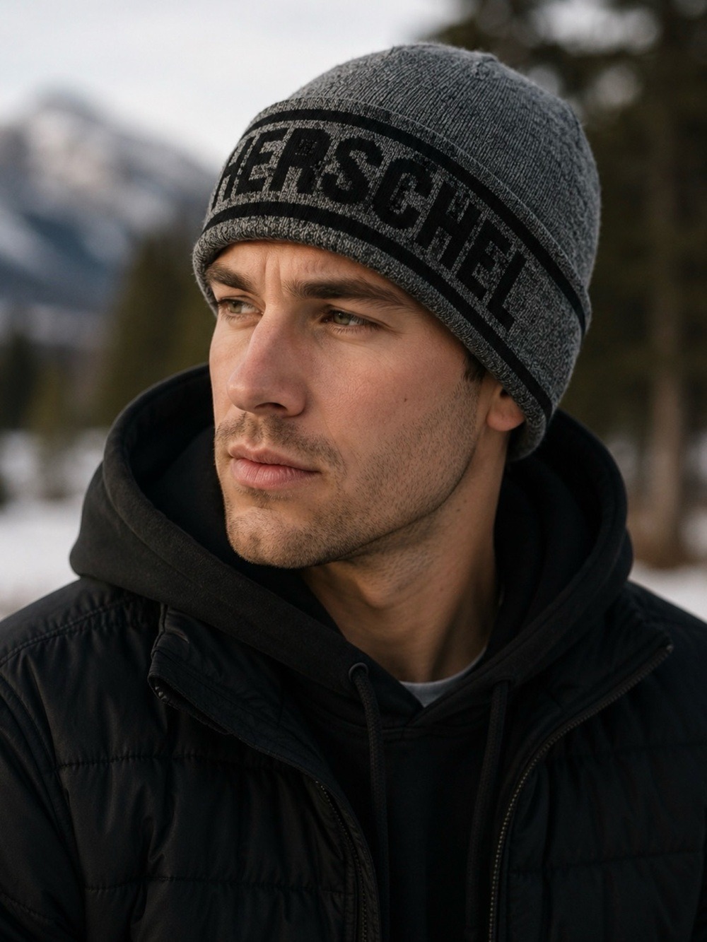HERSCHEL SUPPLY CO ELMER BEANIE HEATHER BLACK JACQUARD LOGO HAT NWT ONE SIZE